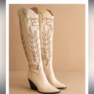 Cream Heeled Boots with Embroidered Design